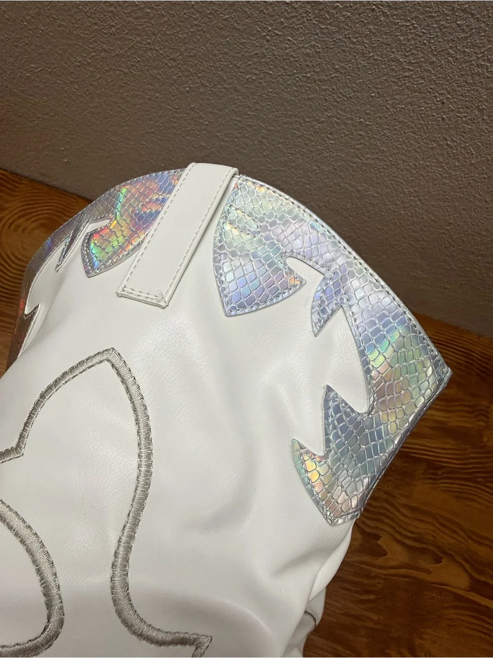 White Over-the-Knee Western-Inspired Boots with Iridescent Trim